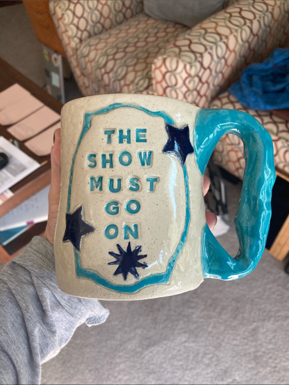 Handmade Ceramic Mug "The Show Must Go On" - Turquoise & Navy